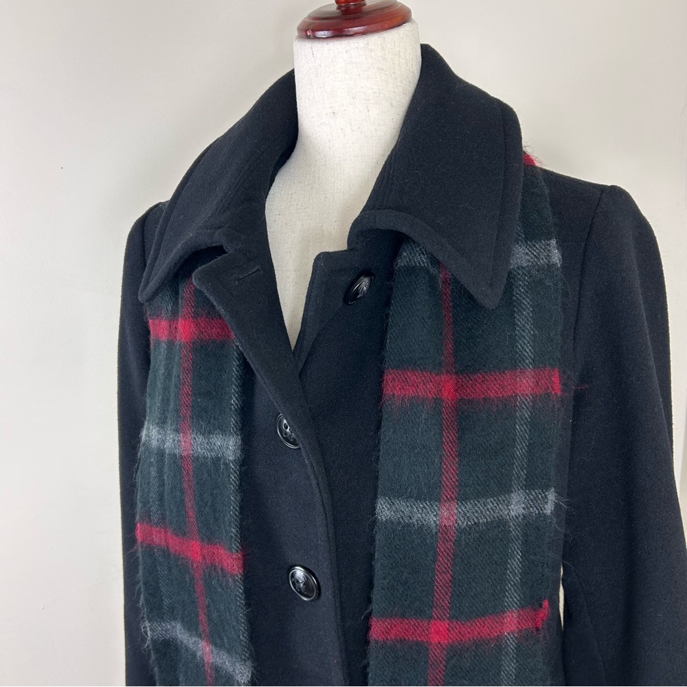 London Fog Womens Medium Black Wool Pea Coat Plaid Scarf Business Professional